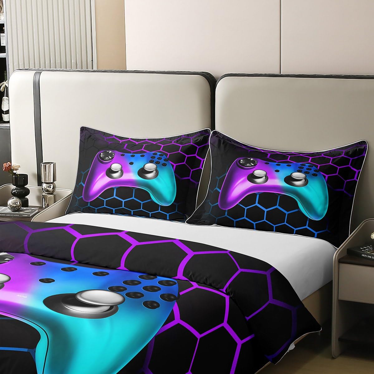 Gamer Duvet Cover 100% Cotton Gaming Geometry Game Controller Bedding 100% Cotton Set Honeycomb Purple Blue Cover for Bedroom Decor Gamer Console Bedspread Cover Twin Zipper with 1 Pillow Case