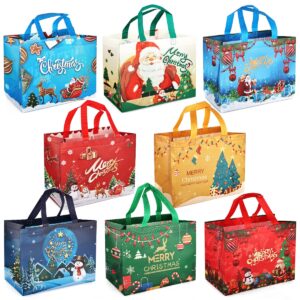 parsup 8pcs christmas bags,christmas tote bags with handles, xmas treat bags, multifunctional non-woven bags for gifts wrapping shopping, basket party supplies, 12.8"×9.8"×6.7"