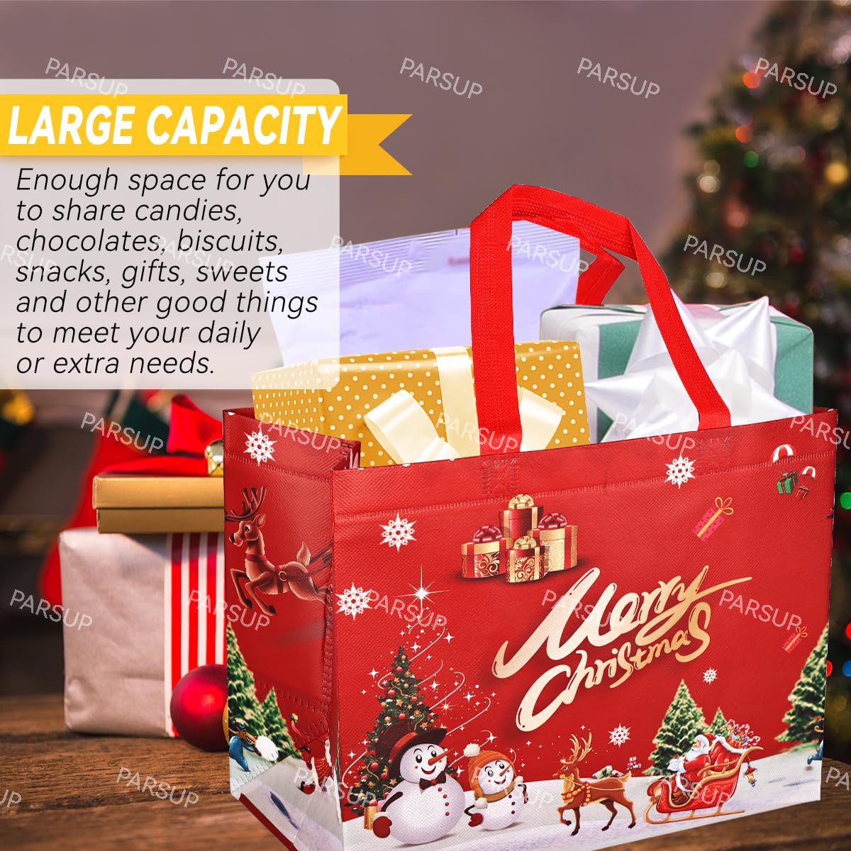 PARSUP 8PCS Christmas Bags,Christmas Tote Bags with Handles, Xmas Treat Bags, Multifunctional Non-Woven Bags for Gifts Wrapping Shopping, Basket Party Supplies, 12.8"×9.8"×6.7"