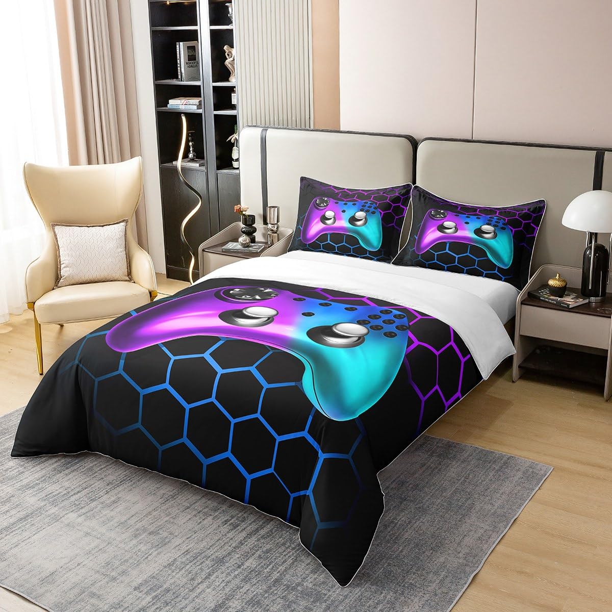 Gamer Duvet Cover 100% Cotton Gaming Geometry Game Controller Bedding 100% Cotton Set Honeycomb Purple Blue Cover for Bedroom Decor Gamer Console Bedspread Cover Twin Zipper with 1 Pillow Case