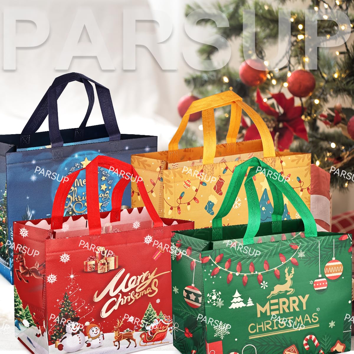 PARSUP 8PCS Christmas Bags,Christmas Tote Bags with Handles, Xmas Treat Bags, Multifunctional Non-Woven Bags for Gifts Wrapping Shopping, Basket Party Supplies, 12.8"×9.8"×6.7"