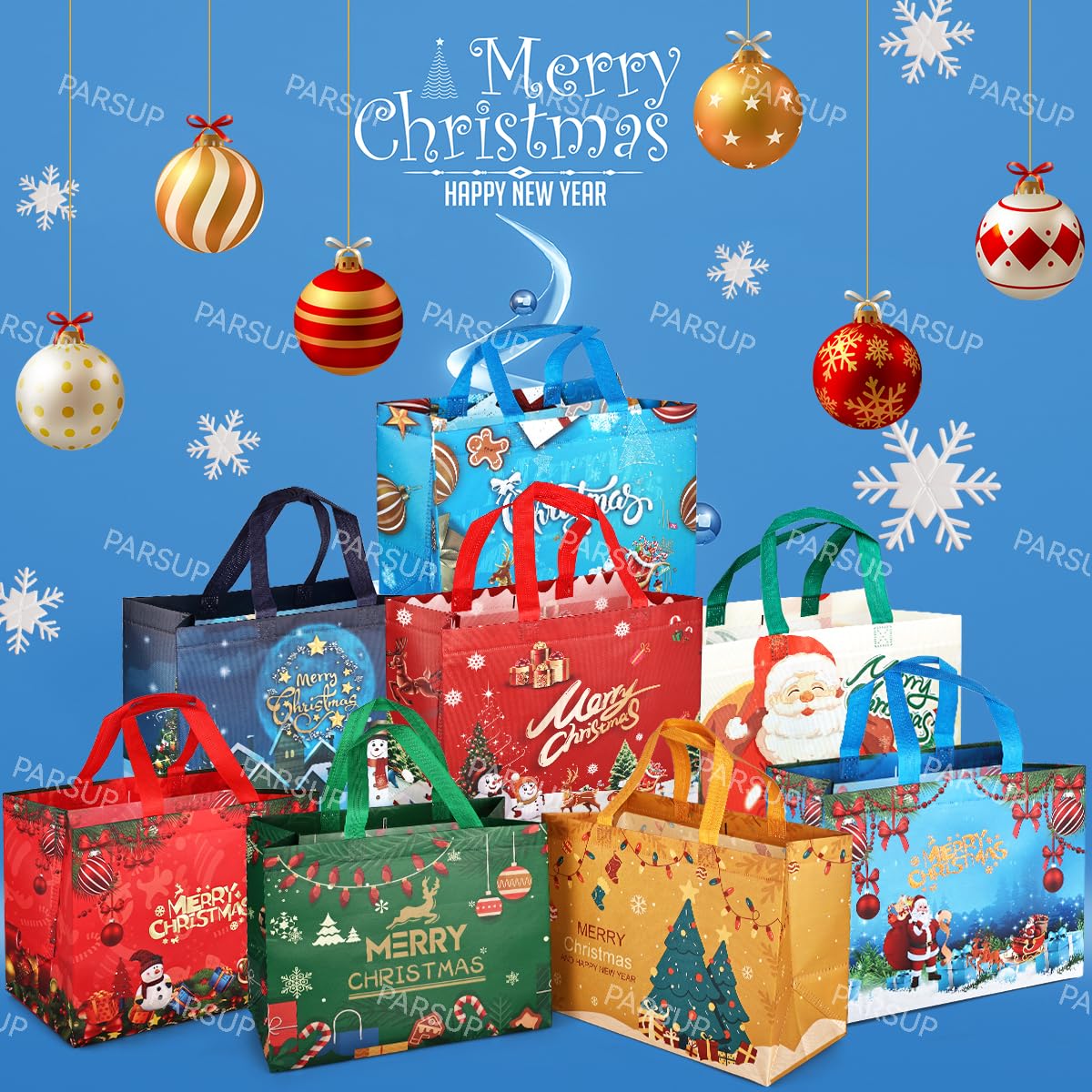 PARSUP 8PCS Christmas Bags,Christmas Tote Bags with Handles, Xmas Treat Bags, Multifunctional Non-Woven Bags for Gifts Wrapping Shopping, Basket Party Supplies, 12.8"×9.8"×6.7"