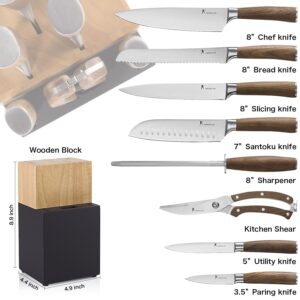 Kangdelun Natura Series 9 PCS Knife Block Set, Ultra Sharp High Carbon Stainless Steel with Wooden Handle