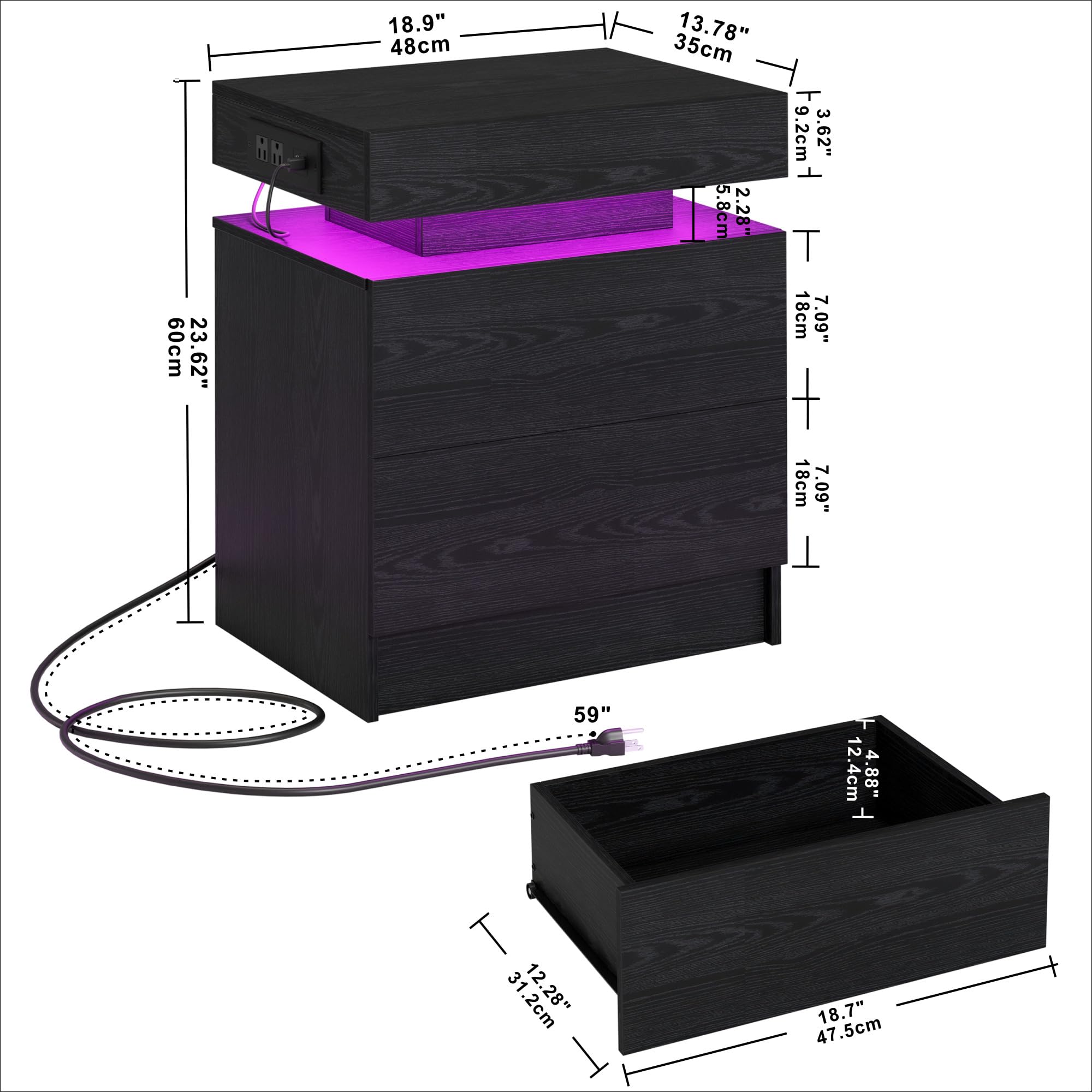 LIKIMIO Night Stand with Charging Station, Modern Black Nightstand with LED Light and Drawers, Bedside Tables/End Table for Bedroom