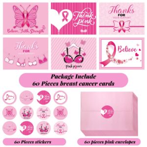 Tenceur 60 Sets Breast Cancer Cards Pink Ribbon Thank You Cards Breast Cancer Thank You Cards with Envelopes and Stickers for Breast Cancer Fundraising and Awareness Events