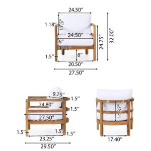 Acacia Wood Outdoor Club Chair with Cushions White Transitional Fabric Arm Chairs Removable