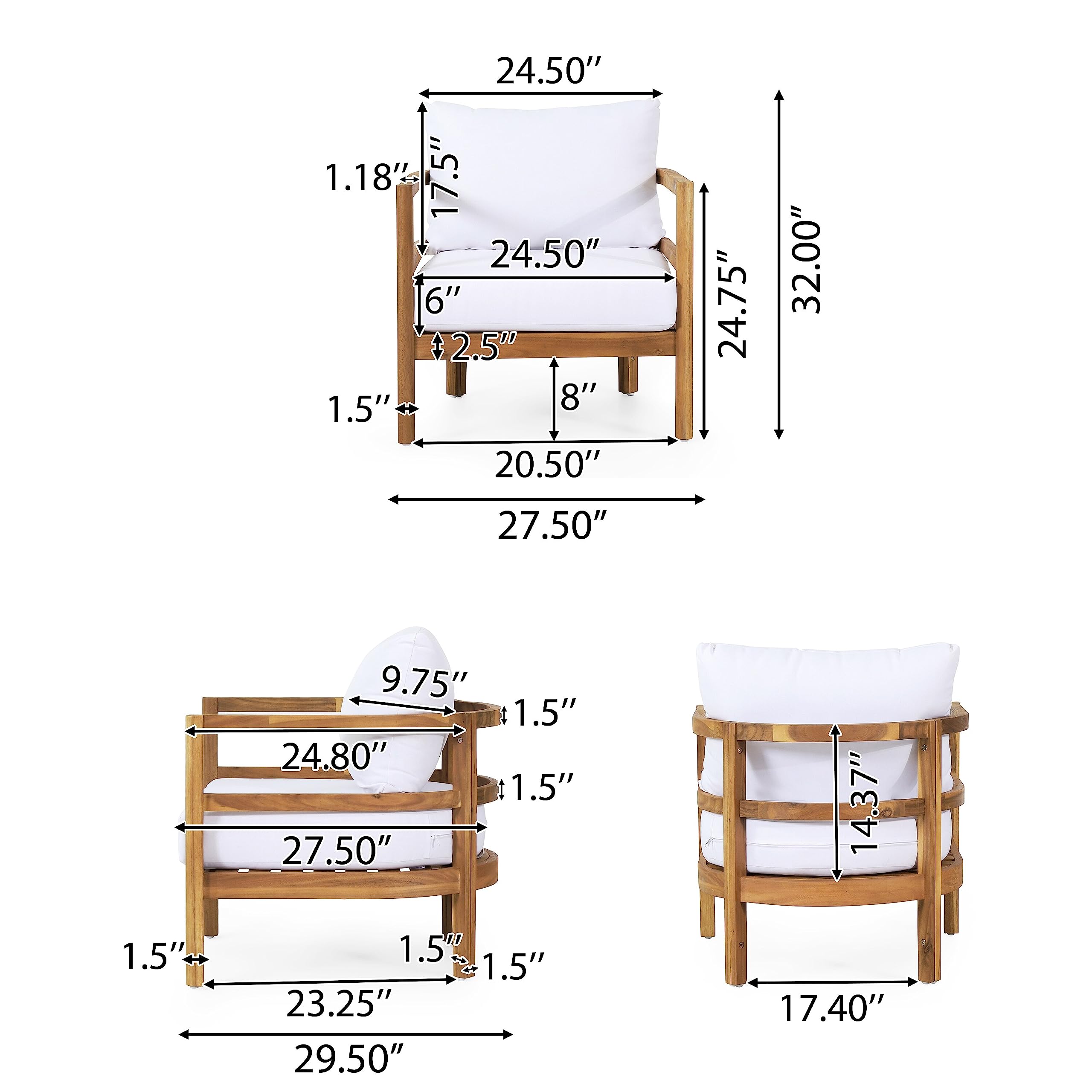 Acacia Wood Outdoor Club Chair with Cushions White Transitional Fabric Arm Chairs Removable