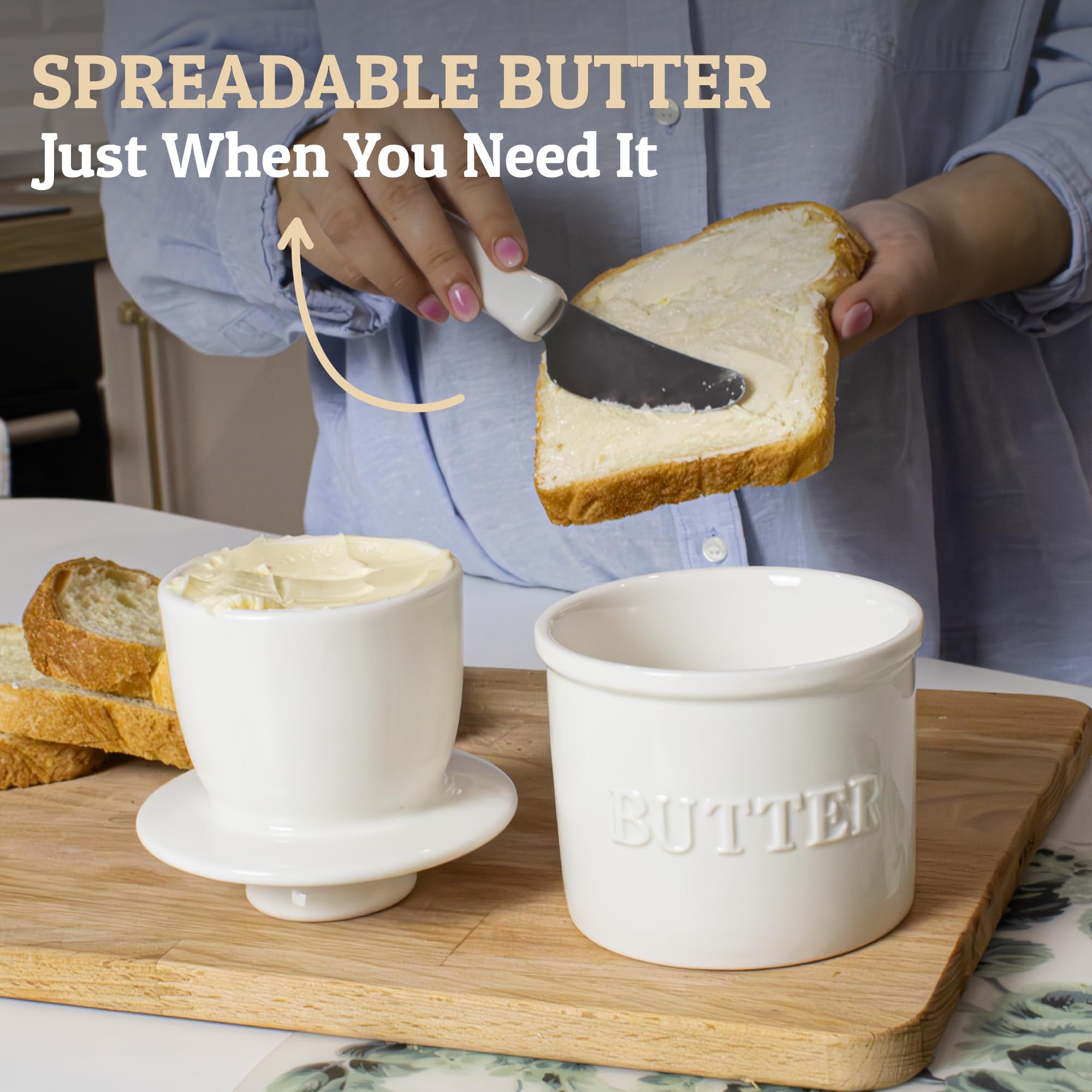 PriorityChef French Butter Crock with Lid, Keep Butter Spreadable & Fresh, Butter Keeper to Leave On Counter, French Butter Dish Perfect for Bread and Toast, Ideal Kitchen Gift, White