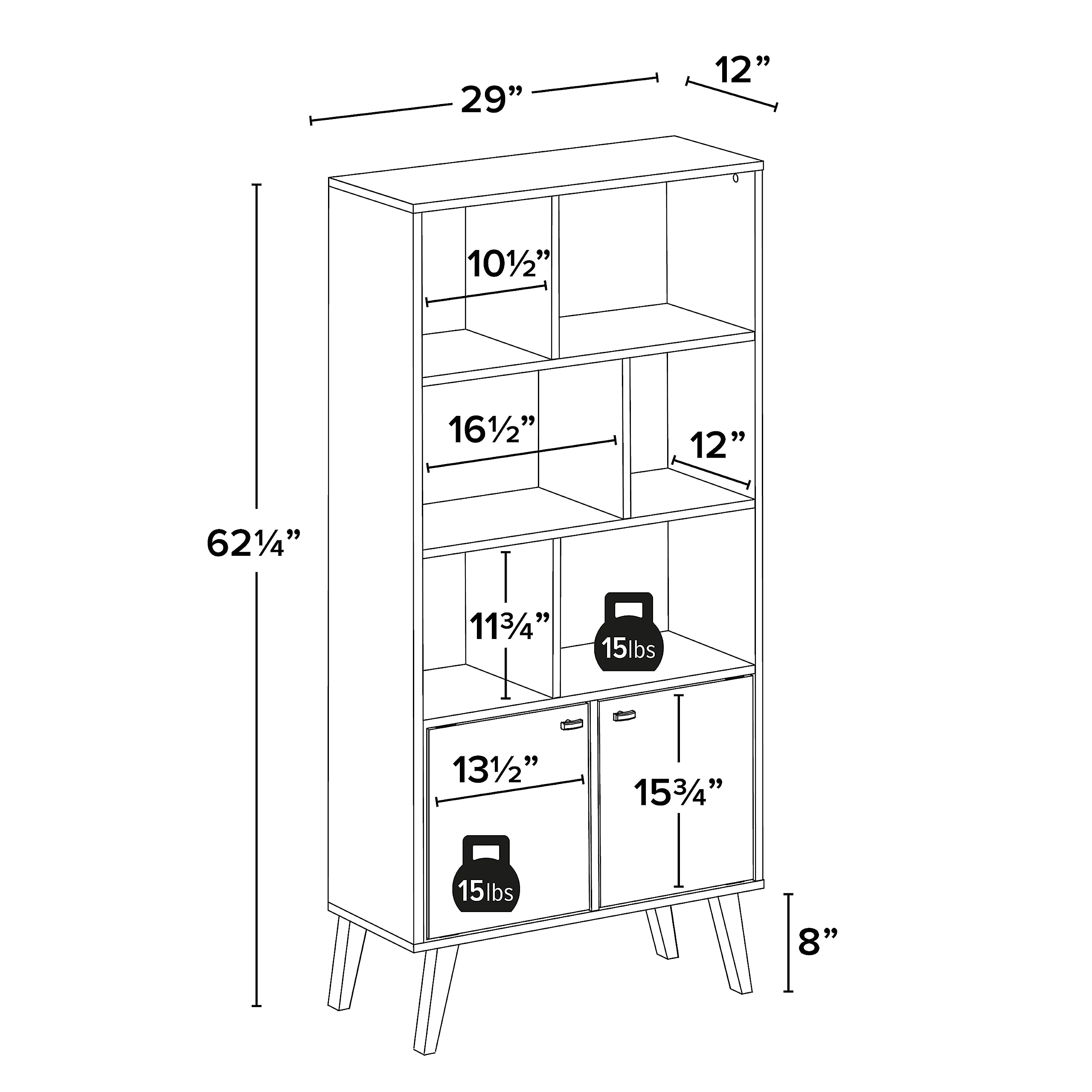 Prepac Milo Mid-Century Modern Bookcase with Six Shelves, Two Doors, and Brushed Brass-Finished Knobs