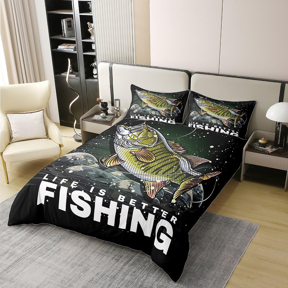 jejeloiu Big Pike Fish Duvet Cover 100% Cotton Bass Big Fish Bedding 100% Cotton Set Fishing and Hunting for Children Microfiber Fisherman Fish Man Duvet Set Room Decor Quilt Cover Full Zipper