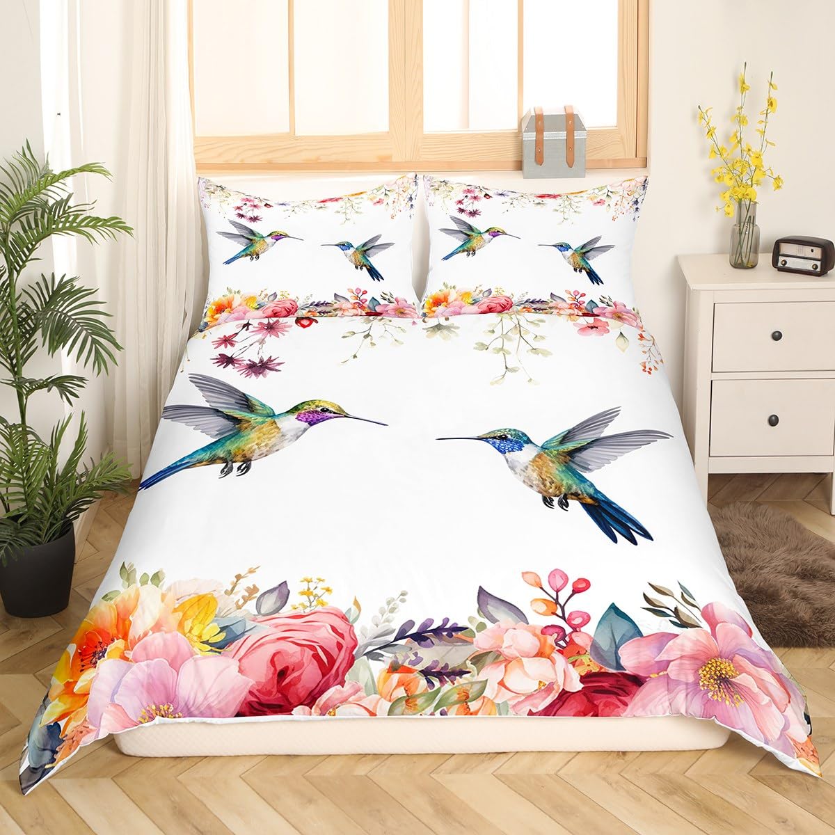 Hummingbird Bedding Set Full Size Tropical Birds Comforter Cover Set Hummingbird Flowers Duvet Cover Breathable Farmhouse Garden Bedspread Cover Room Decor Blossoming Iris Flowers Quilt Cover