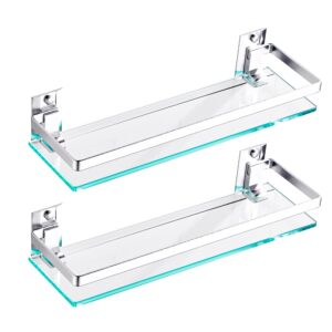 dedebrly bathroom glass shelf with upgraded bracket for stability, tempered glass shelf with rail for bathroom organization, silver, upgraded rectangular (2 pack)