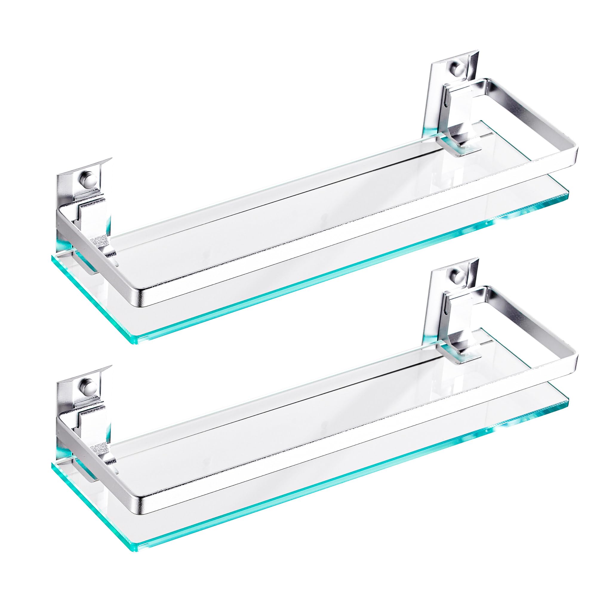 DeDebrly Bathroom Glass Shelf with Upgraded Bracket for Stability, Tempered Glass Shelf with Rail for Bathroom Organization, Silver, Upgraded Rectangular (2 Pack)