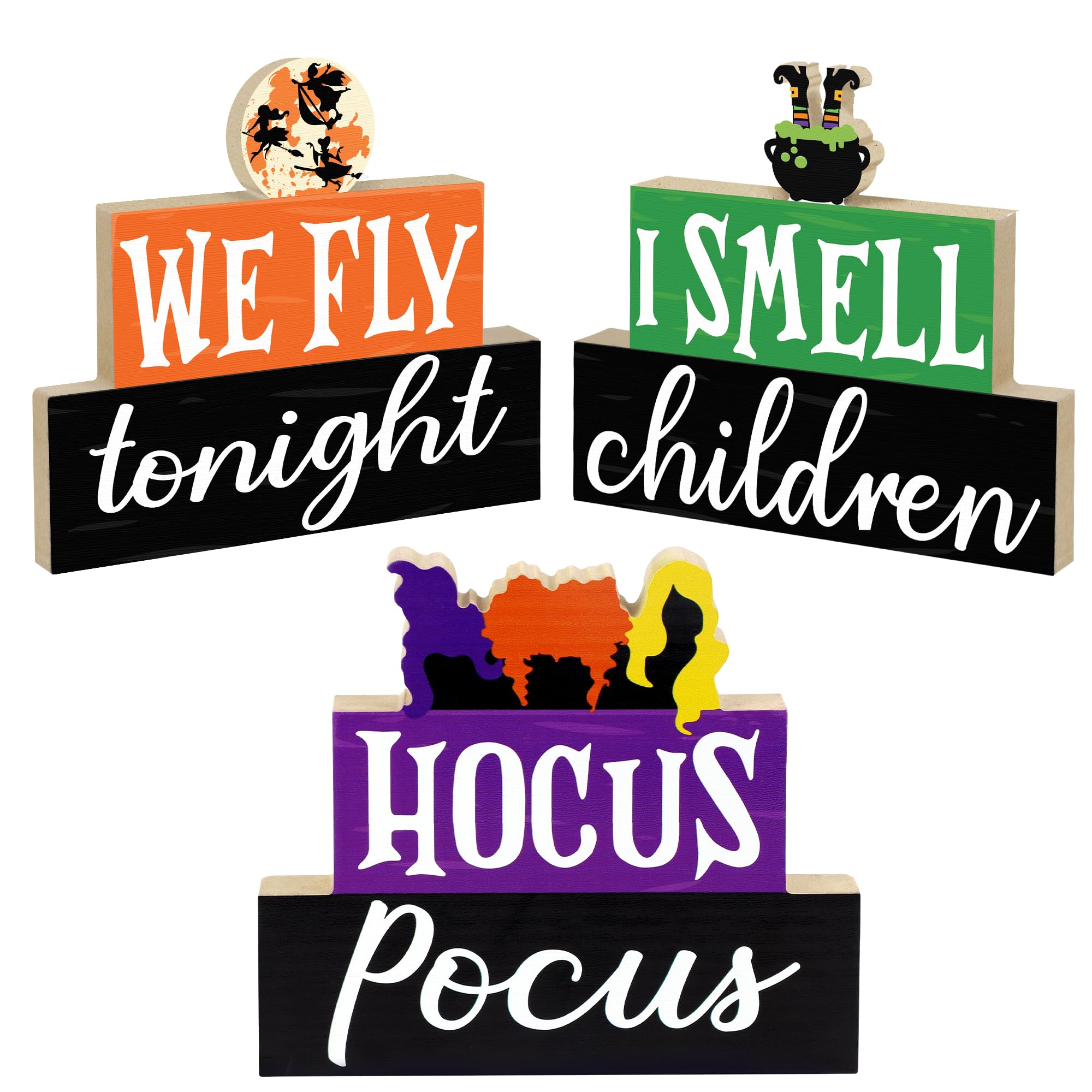 Halloween Decorations Indoor, 3 PCS Halloween Wooden Table Sign Decor, Hocus Pocus Table Centerpiece for Mantle Shelf Tiered Tray, Farmhouse I Smell Children & We Fly Tonight Halloween Wooden Signs