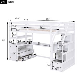 Twin Loft Bed with Stairs and Desk, Wood Loft Bed Frame with Storage Cabinet, High Loft Beds with Drawers & Shelf for Kids, Juniors, Teen, Boys, Girls, White