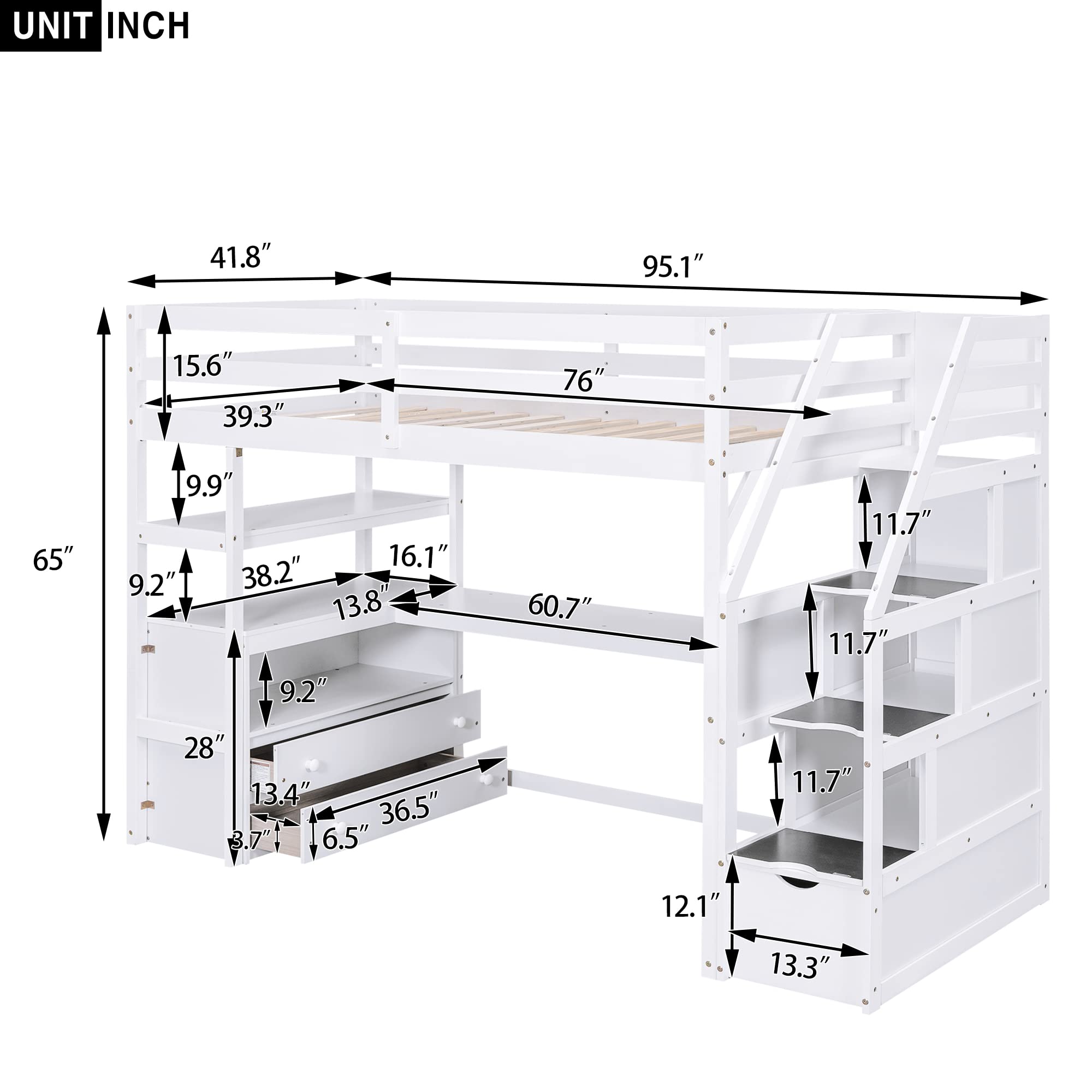 Harper & Bright Designs Twin Size Loft Bed with Desk and Storage Stairs, Wood Loft Bed Twin with Shelves & Storage Drawers,Twin Loft Bed with Desk Underneath for Kids Teens Boys Girls (Twin, White)