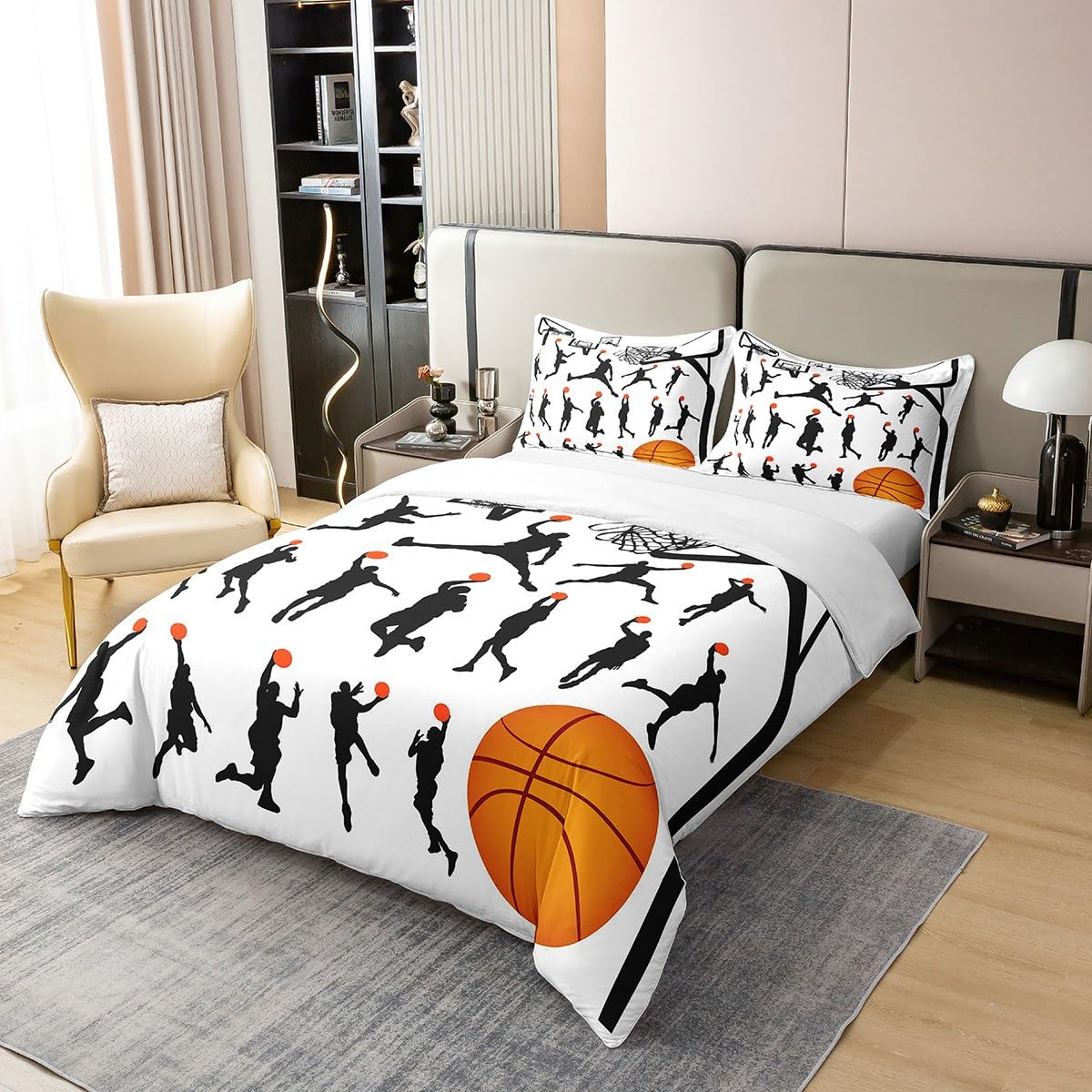 Basketball Print Bedding 100% Cotton Set Sports Theme Duvet Cover 100% Cotton 3D Ball Pattern Breathable Gift for Basketball Player Black White Duvet Set Room Decor Quilt Cover Full Size Zipper