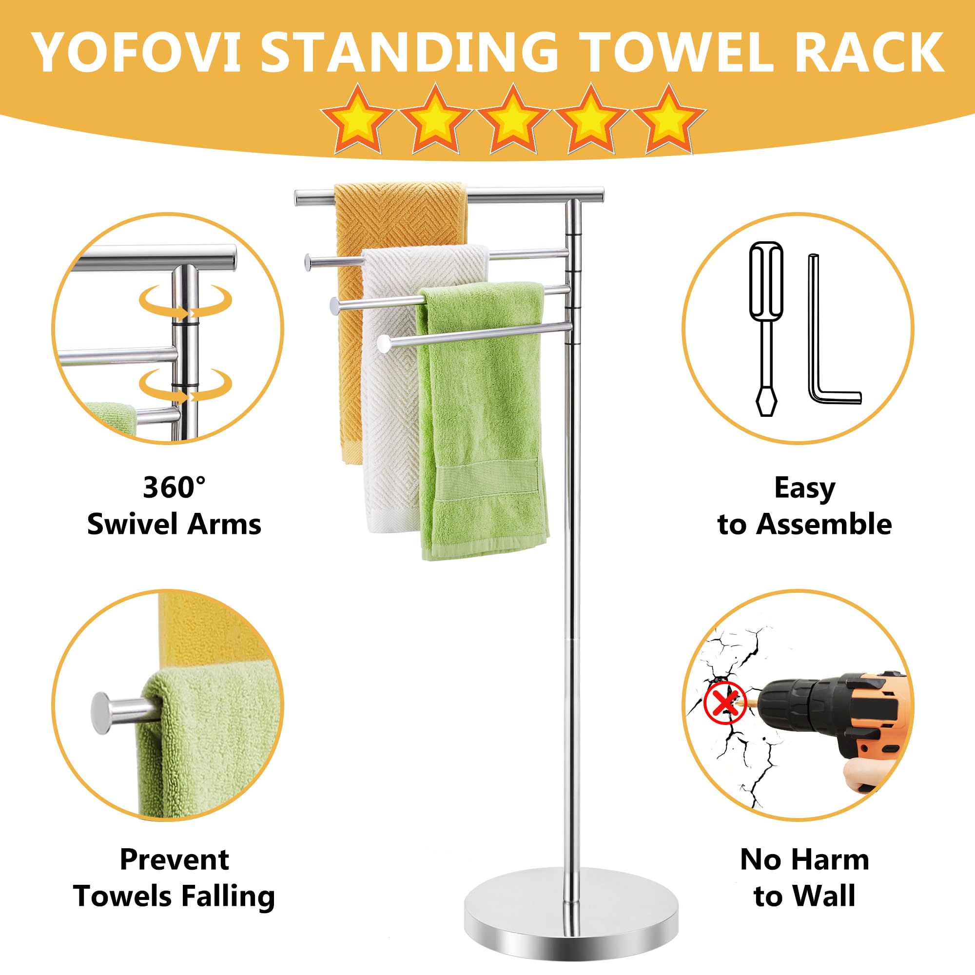 Freestanding Towel Rack, 40 Inch Tall Standing Towel Racks for Bathroom with Weighted Base, Modern Floor Towel Drying Holder Stand with 4 Swivel Arms, Stainless Steel, Chrome, YOFOVI