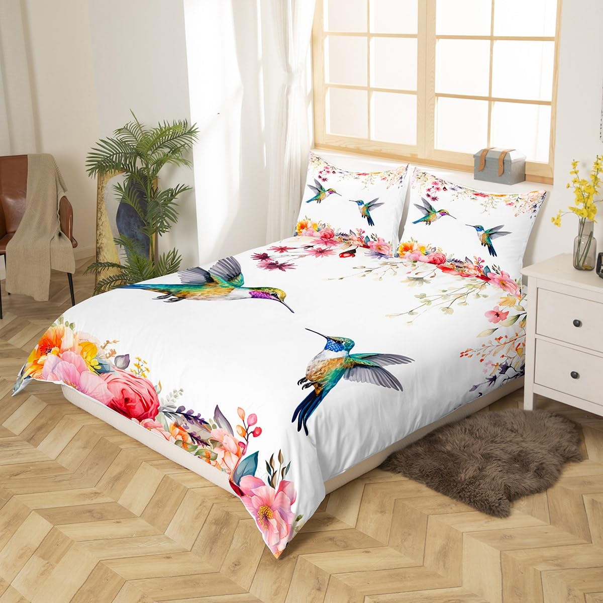 Hummingbird Bedding Set Full Size Tropical Birds Comforter Cover Set Hummingbird Flowers Duvet Cover Breathable Farmhouse Garden Bedspread Cover Room Decor Blossoming Iris Flowers Quilt Cover