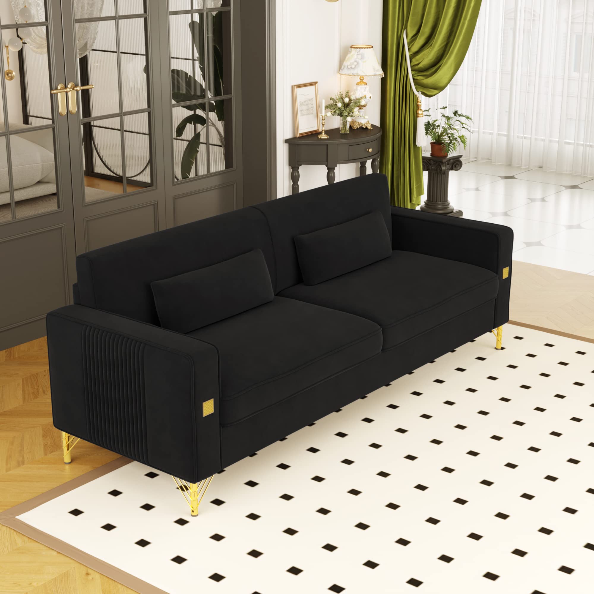 TUBAIHON 85" Black Velvet Couch, Living Room Sofa Modern Design, 3 People Sofa with 2 Pillows for Couch (18 Black)