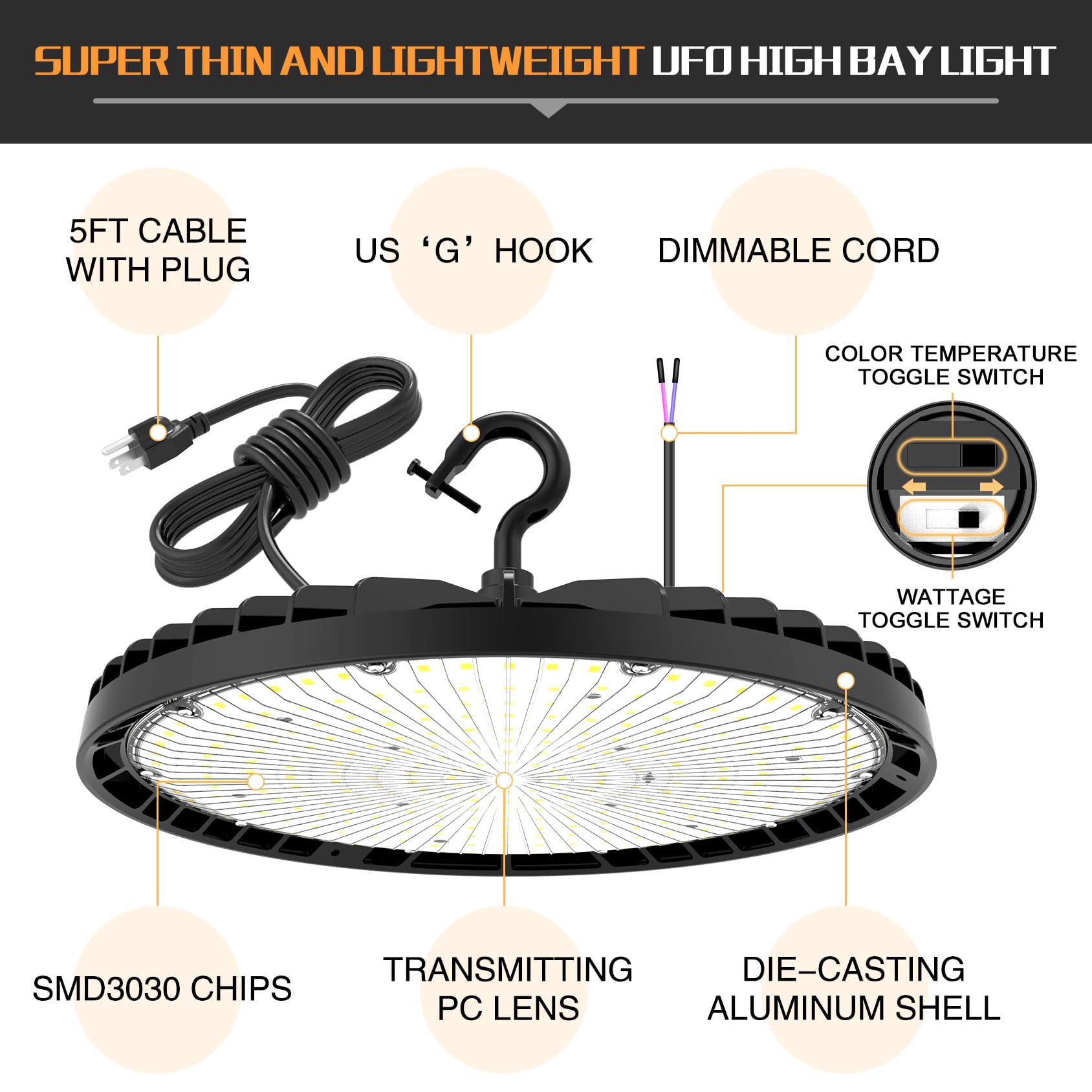 2 Pack High Bay LED Lights 150W 100W 80W Adjustable, 21,000LM 140LM/W High Bay LED Shop Lights 3000K 4000K 5000K Tunable CCT, UFO LED Warehouse Lights for Commercial Workshop Factory AC100-277V