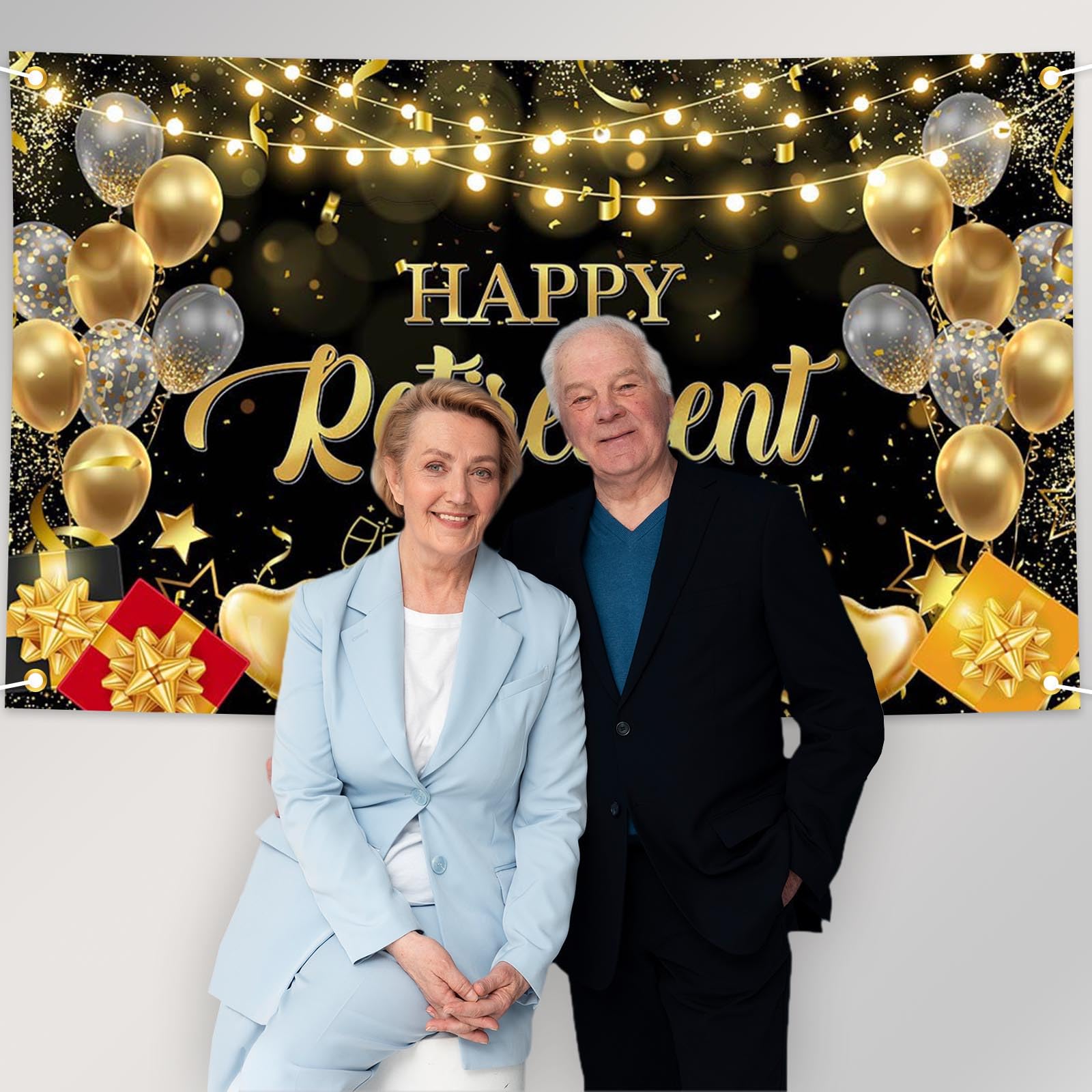 Avezano Happy Retirement Backdrop Black and Gold Happy Retirement Sign Banner Photo Background with Rope for Retirement Party Decorations (70.8x43.3inch)