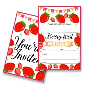 eudosi strawberry berry first birthday party invitations supplies fill-in set of 20 with envelopes strawberry 1st birthday bash invites cards, double sided