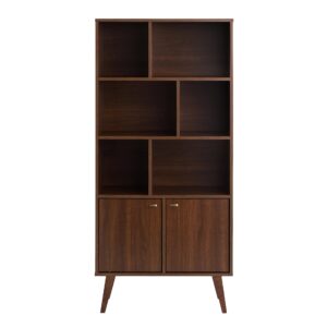 prepac milo mid-century modern bookcase with six shelves, two doors, and brushed brass-finished knobs