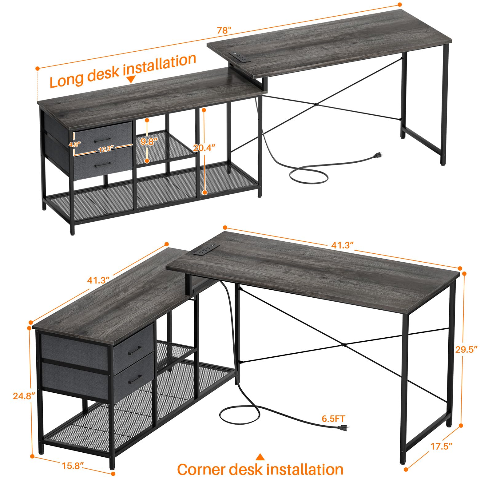 Homieasy Reversible L Shaped Desk with Power Outlet, Corner Computer Desk with Drawers and Storage Shelves, L-Shaped Long Home Office Desk Study Writing Desk Gaming Desk, Grey Oak