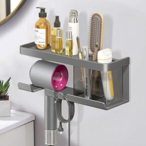 boomersun hair dryer holder, blow dryer organizer, hair dryer holder wall mounted with shelf for bathroom, salon, bedroom organizers & storage(matte grey)