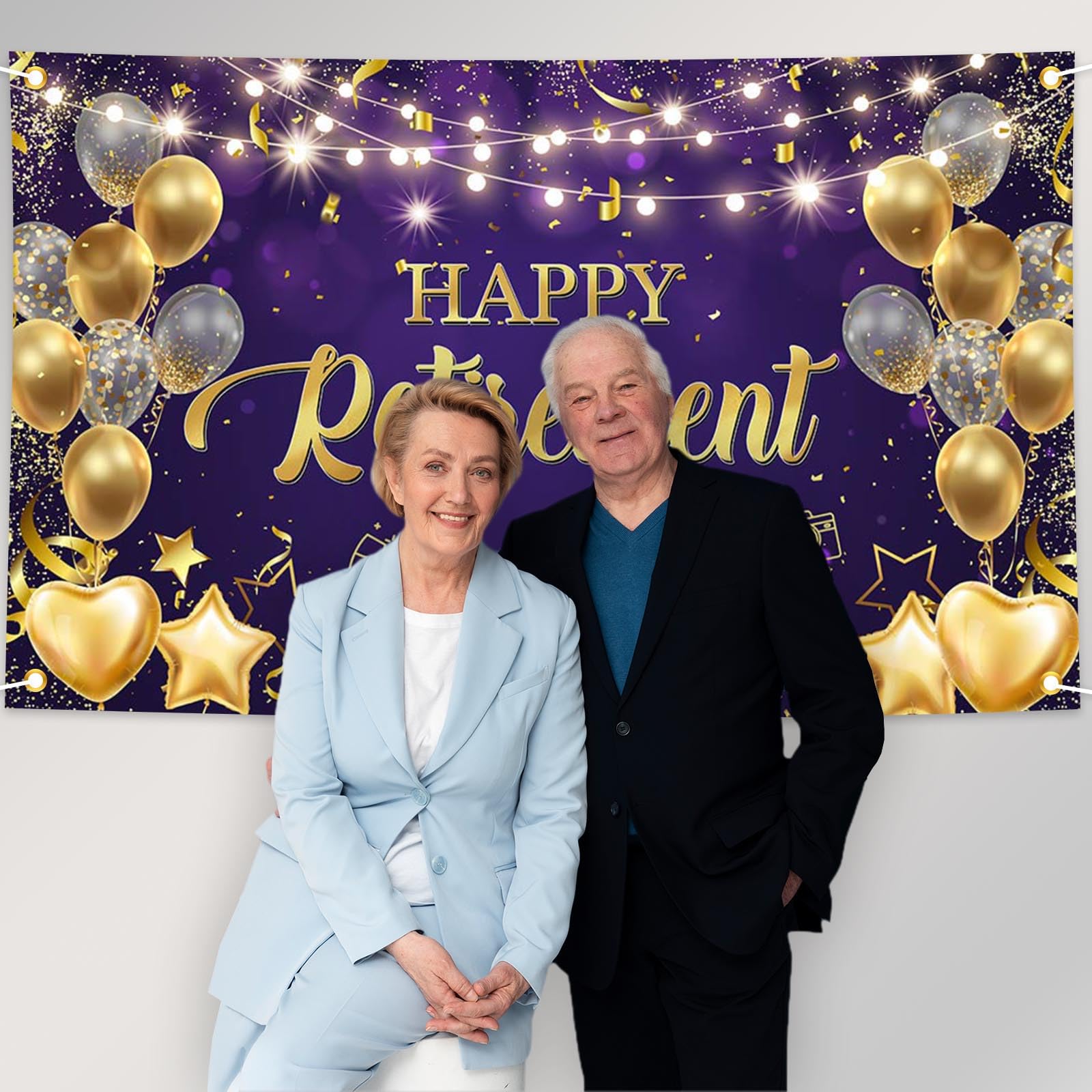 Avezano Happy Retirement Backdrop Purple and Gold Happy Retirement Sign Banner Photo Background with Rope for Retirement Party Decorations (70.8x43.3inch)