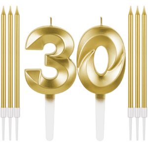 mtlee birthday candles set for cakes including 6 long thin metallic birthday candles and number birthday candles for anniversary celebration party topper decorations men women (gold,30)