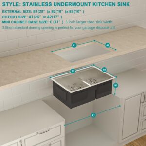 Lordear 28 Inch Undermount Kitchen Sink Double Bowl Stainless Steel 16 Gauge Undermount Workstation 60/40 Kitchen Sink with Smart Low Divider 28x19 Inch Double Basin Under Counter Kitchen Sinks