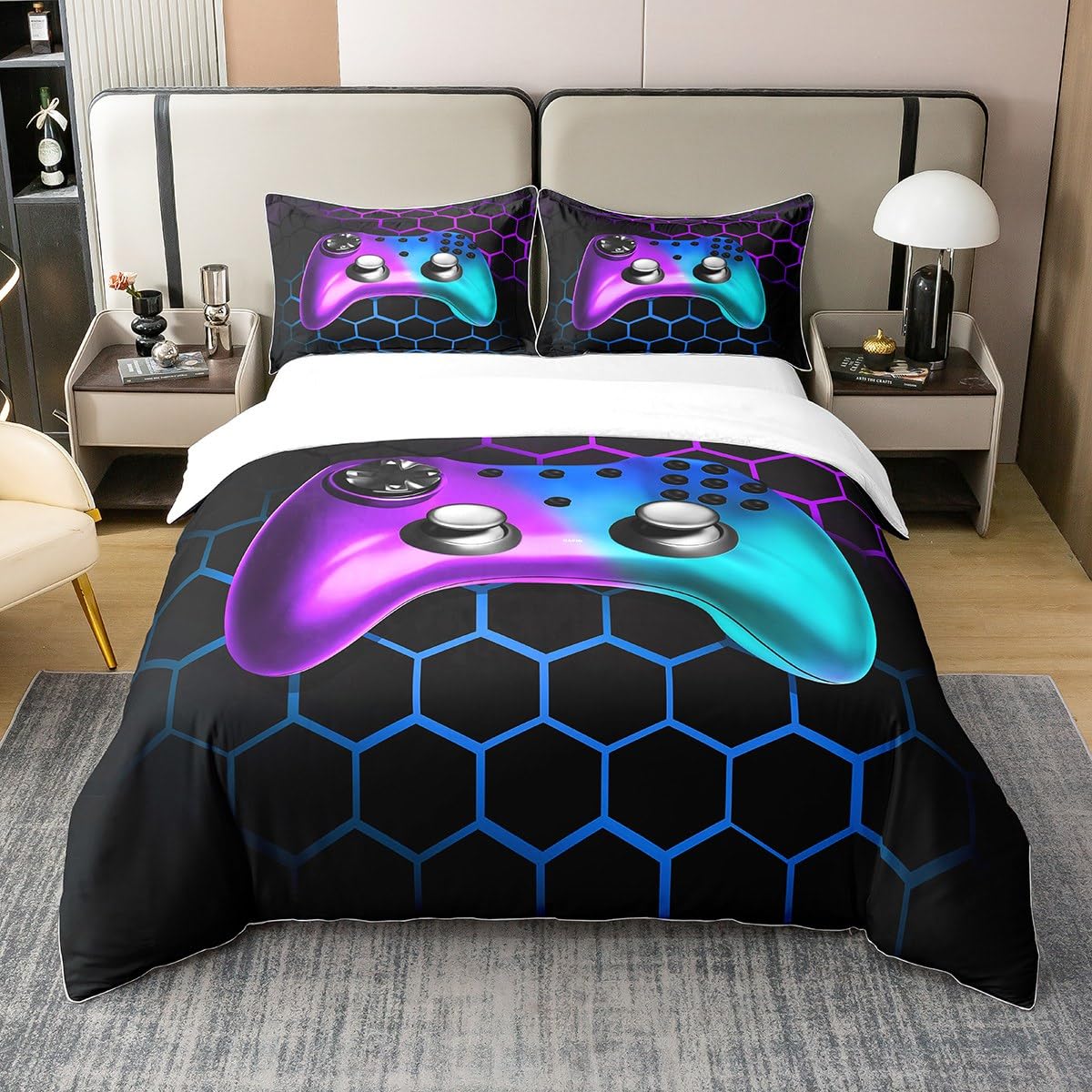 Gamer Duvet Cover 100% Cotton Gaming Geometry Game Controller Bedding 100% Cotton Set Honeycomb Purple Blue Cover for Bedroom Decor Gamer Console Bedspread Cover Twin Zipper with 1 Pillow Case