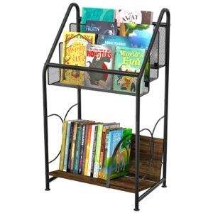 vygrow bookshelf, 4-tier metal & wood rolling book cart on wheels, record cabinet for book magazine turntable, record holder up to 100 albums, multifunction utility cart, black