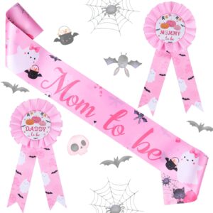 joymemo pink halloween baby shower decorations, mom to be & dad to be badge, mom to be sash for daddy and mommy halloween baby shower party favors, gender reveal party supplies