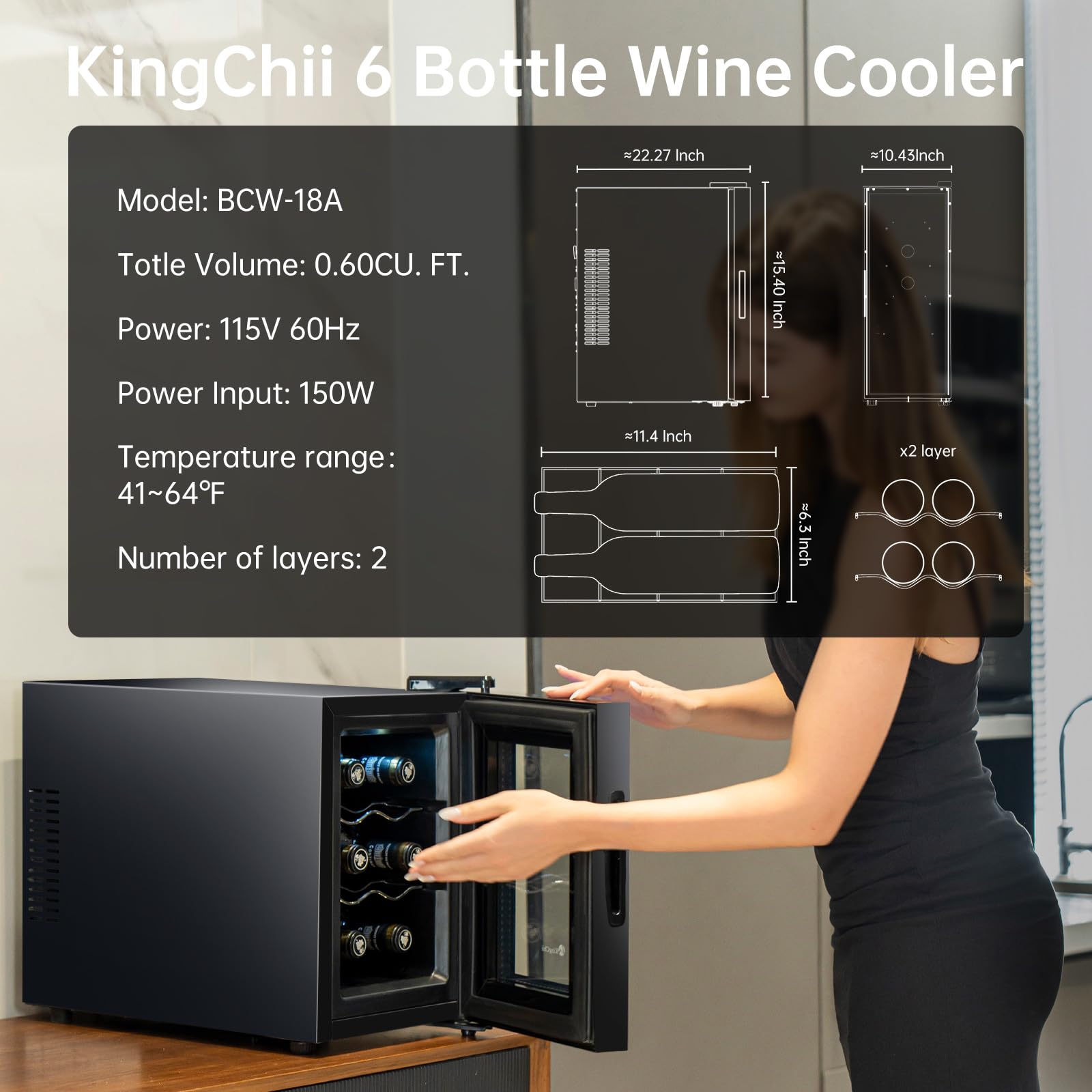 KingChii 6 Bottle Thermoelectric Wine Cooler Refrigerator Advanced Cooling Technology, Stainless Steel & Tempered Glass For Red Wine, Champagne for Home, Kitchen, or Office