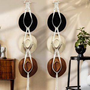 Gute Macrame Hat Hangers, Boho Hats Rack for for Wall Hanging, Black White Woven Women Hat Holder Organizer for Wide Brim and Fedoras Sun Hat Cowboy Hat Display(White,3 Hat Style)