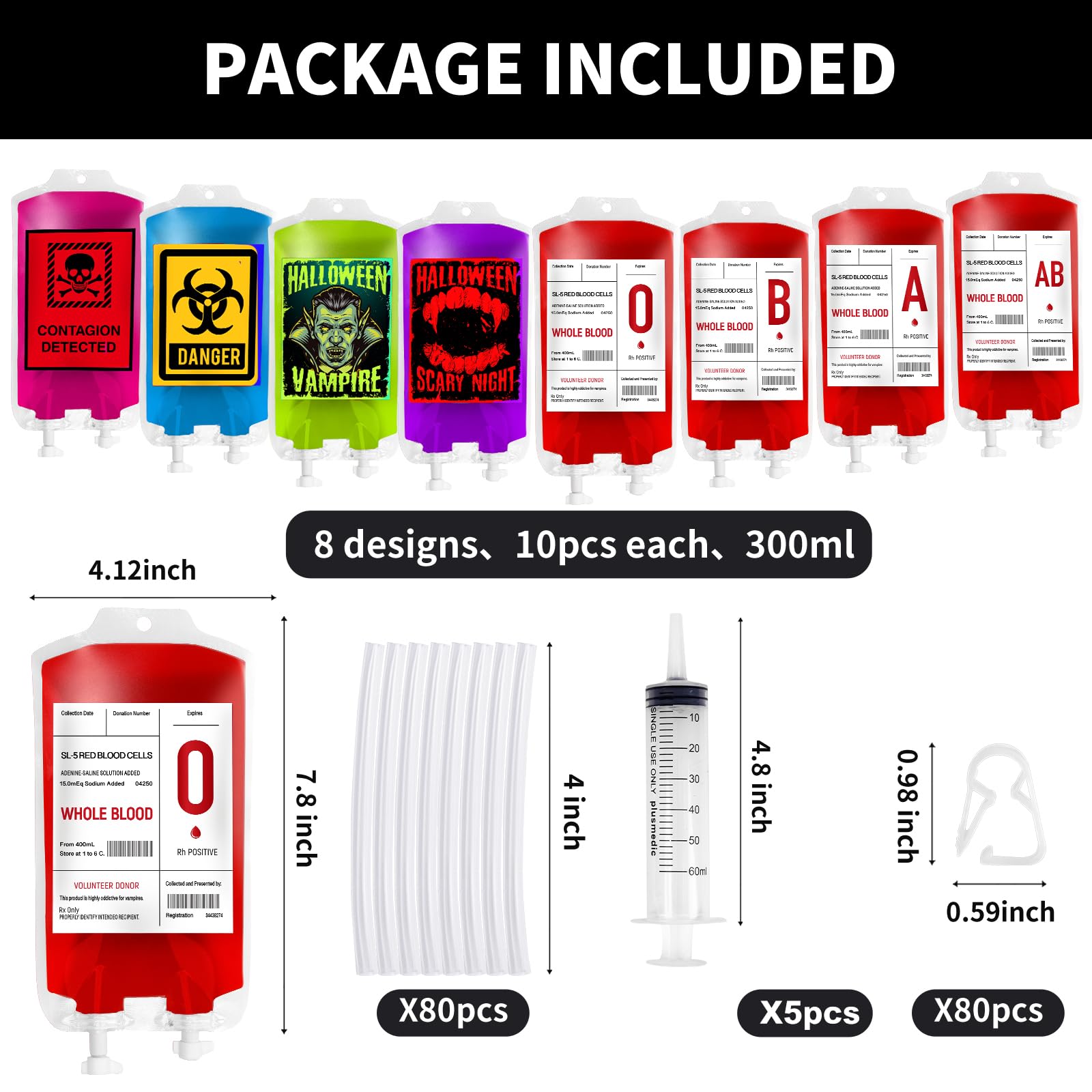 MGparty 80 Packs Blood Bags for Drink, Blood IV Bags for Halloween Party Decoration Drink Container Juice Pouch Prop for Zombie Vampire Theme Party Props (80Pcs Bag, 5 Syringes)