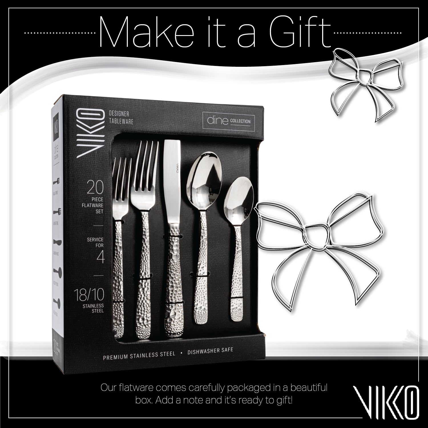 Vikko Silverware Set, Hammered Metal Set of Flatware, Service for 4 Strong and Durable 18/10 Stainless Steel Flatware Set, 20 Piece Set, Dishwasher Safe