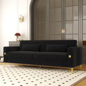 TUBAIHON 85" Black Velvet Couch, Living Room Sofa Modern Design, 3 People Sofa with 2 Pillows for Couch (18 Black)