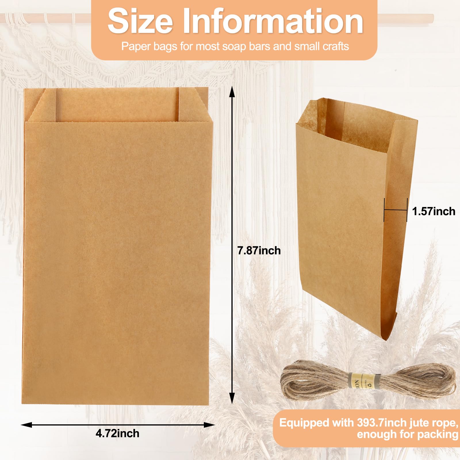 Fulmoon 50 Pieces Soap Paper Bags, 5'' x 8'' Kraft Paper Bags for Packaging Soap Wrappers with 394 Inch Jute Ropes for Soap Making Candy Lipstick Gift Crafts Merchandise Wedding Gift Bags