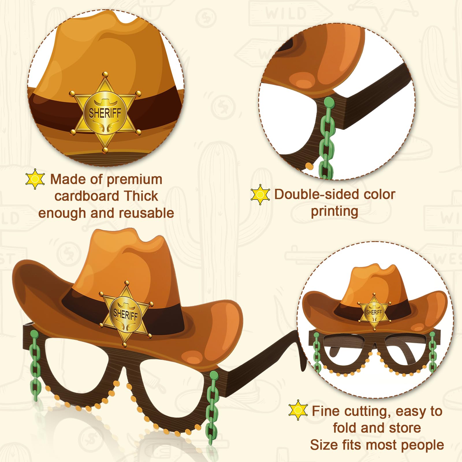 Jenaai 36 Pcs Western Party Decoration Favors Wild West Paper Glasses Cowboy Photo Booth Props Western Theme Eyeglasses Birthday Party Supplies