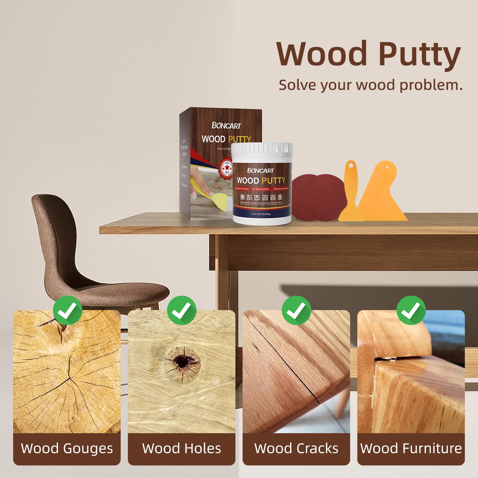 BONCART Wood Filler,Wood Putty,Wood Filler Paintable,Wood Repair Putty Stainable,9.87 Ounce White wood filler,Wood furniture repair kit,Quickly repair any broken and defective wooden furniture