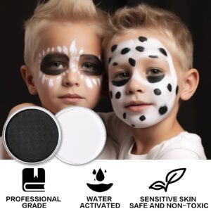 Black & Clown White Face Body Paint with 3Pcs Painting Brushes, Water Based SFX Makeup Palette for Kids & Adults, Non-Toxic Facepaint for Halloween, Cosplay, Costume & Theater