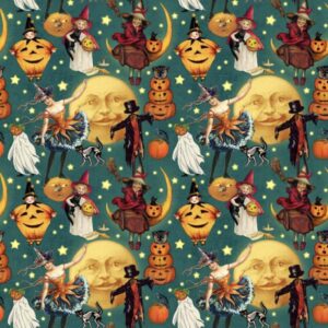 Vintage Halloween Witch Moons Pumpkins and Moons Cotton Precut Fabric by The Yard