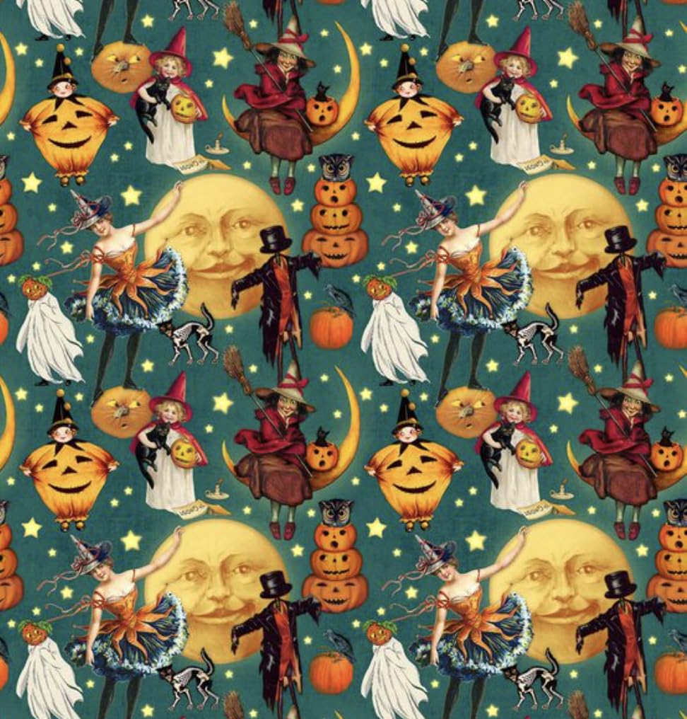 Vintage Halloween Witch Moons Pumpkins and Moons Cotton Precut Fabric by The Yard