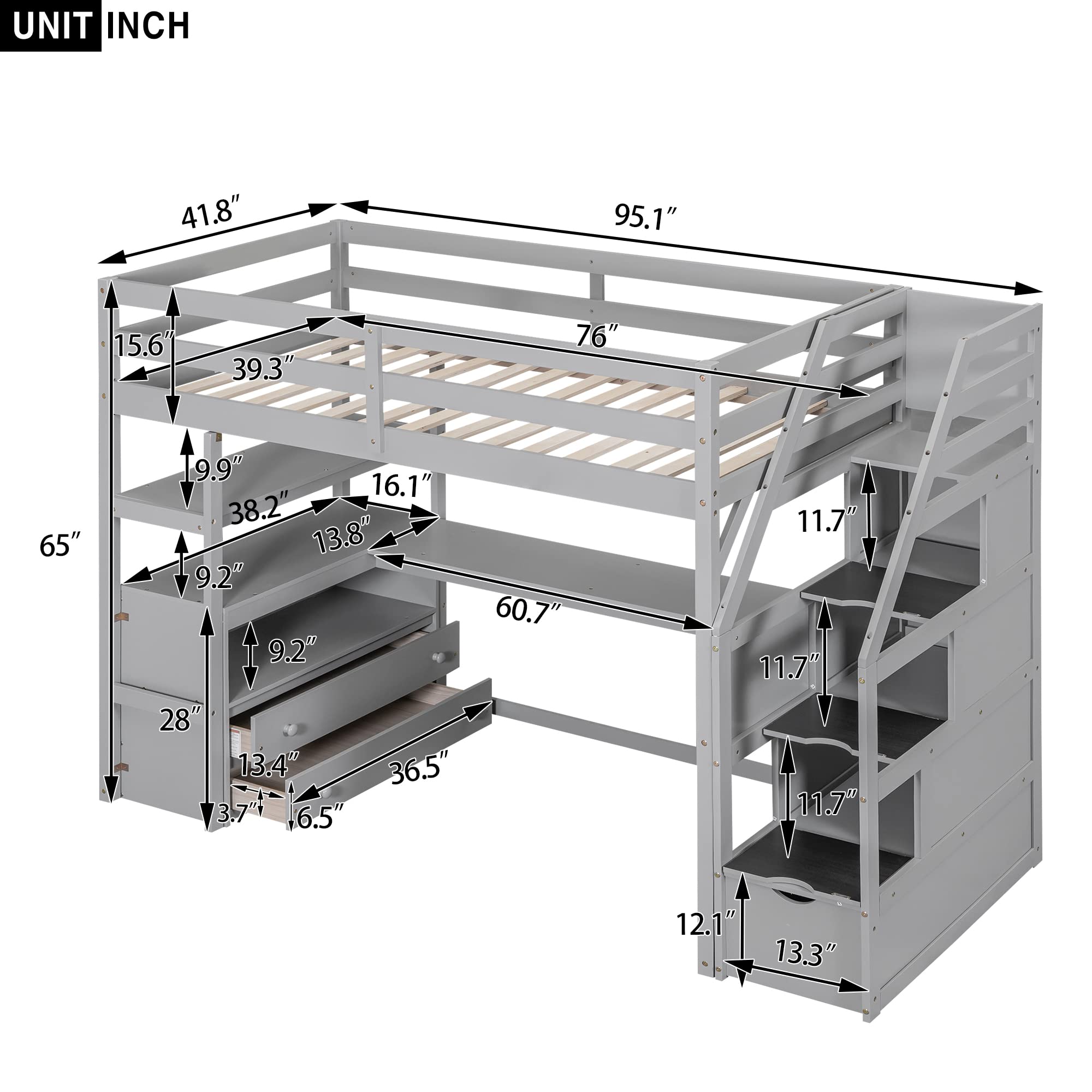 Twin Loft Bed with Stairs and Desk, Wood Loft Bed Frame with Storage Cabinet, High Loft Beds with Drawers & Shelf for Kids, Juniors, Teen, Boys, Girls, Gray