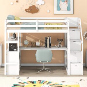 Harper & Bright Designs Twin Size Loft Bed with Desk and Storage Stairs, Wood Loft Bed Twin with Shelves & Storage Drawers,Twin Loft Bed with Desk Underneath for Kids Teens Boys Girls (Twin, White)