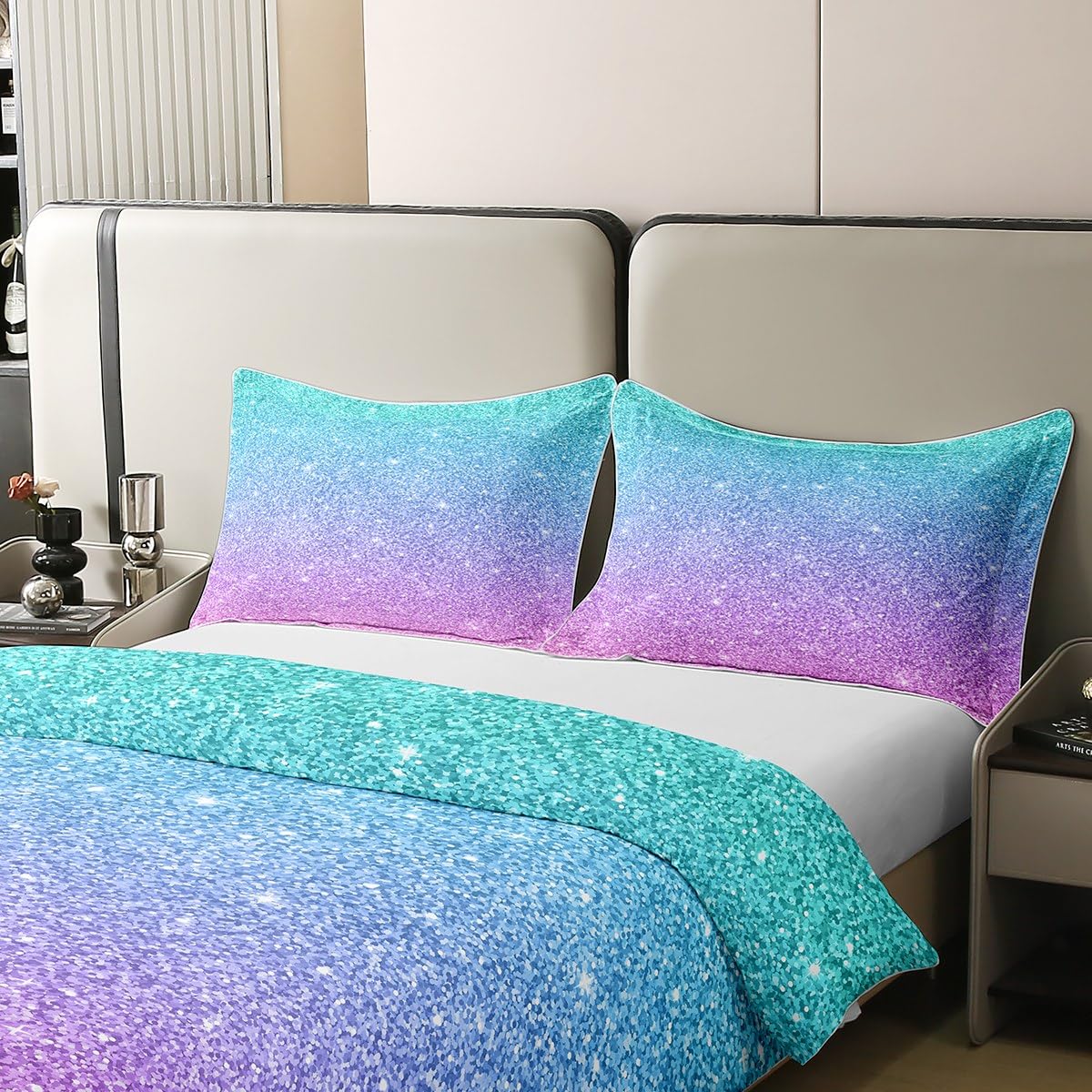 Queen Zipper Glitter Print(No Glitter) Duvet Cover 100% Cotton 3Pcs Duvet Cover 100% Cotton Blue Purple Gradient Bedding 100% Cotton Set Soft Warmth Lightweight Quilted Duvet Set with 2 Pillow Shams